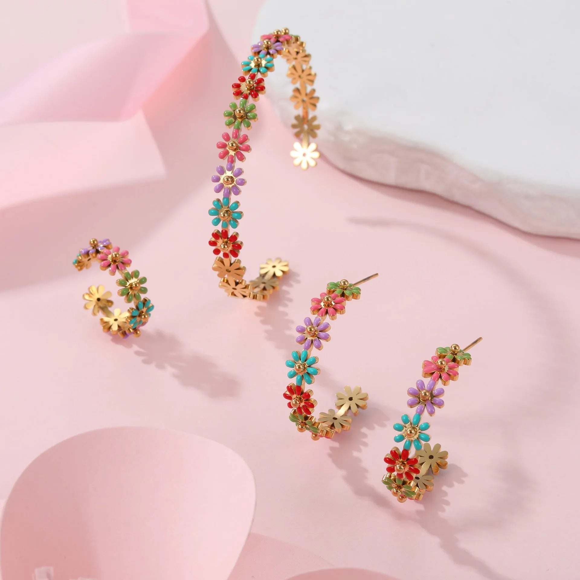 Oil dripping colour flower geometric stainless steel bracelet for women electroplated finish with colour ring option