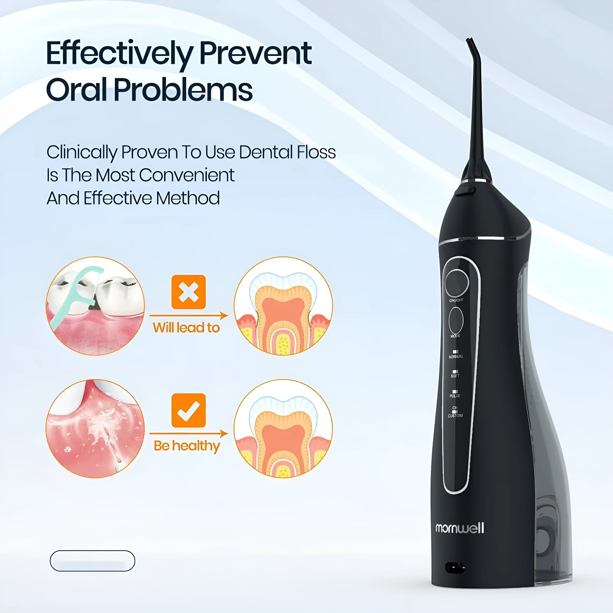 Black portable oral irrigator water flosser with water tank and nozzle for dental cleaning