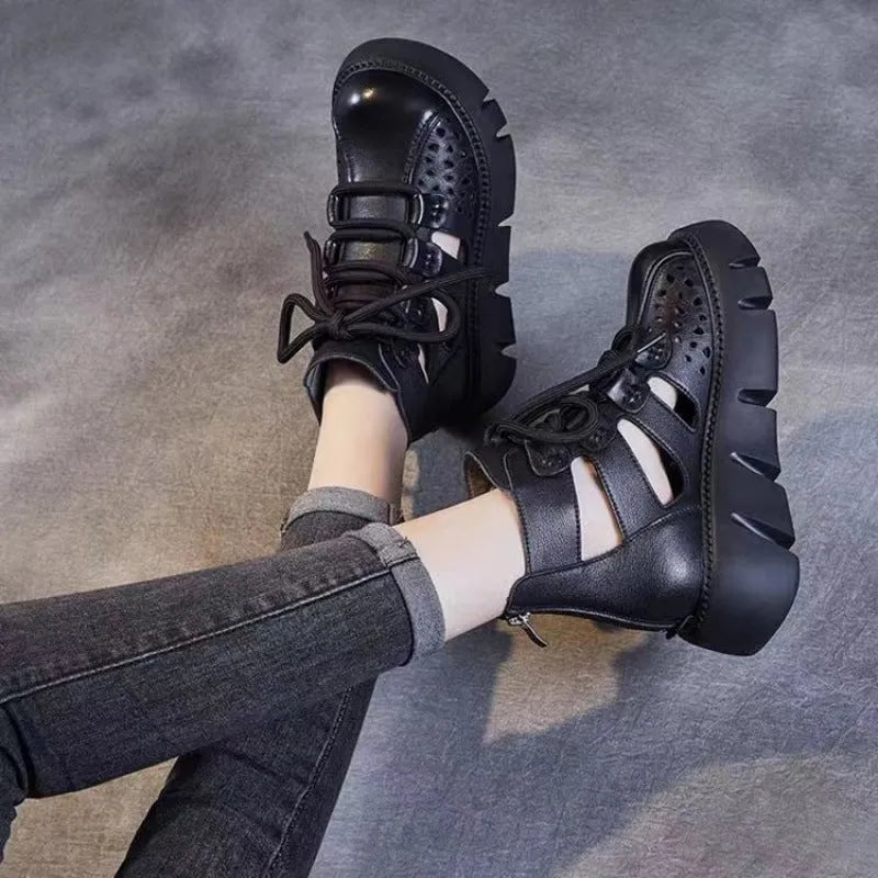 Women's platform sandals with hollow hole design in soft cowhide leather, showing fish mouth toe shape