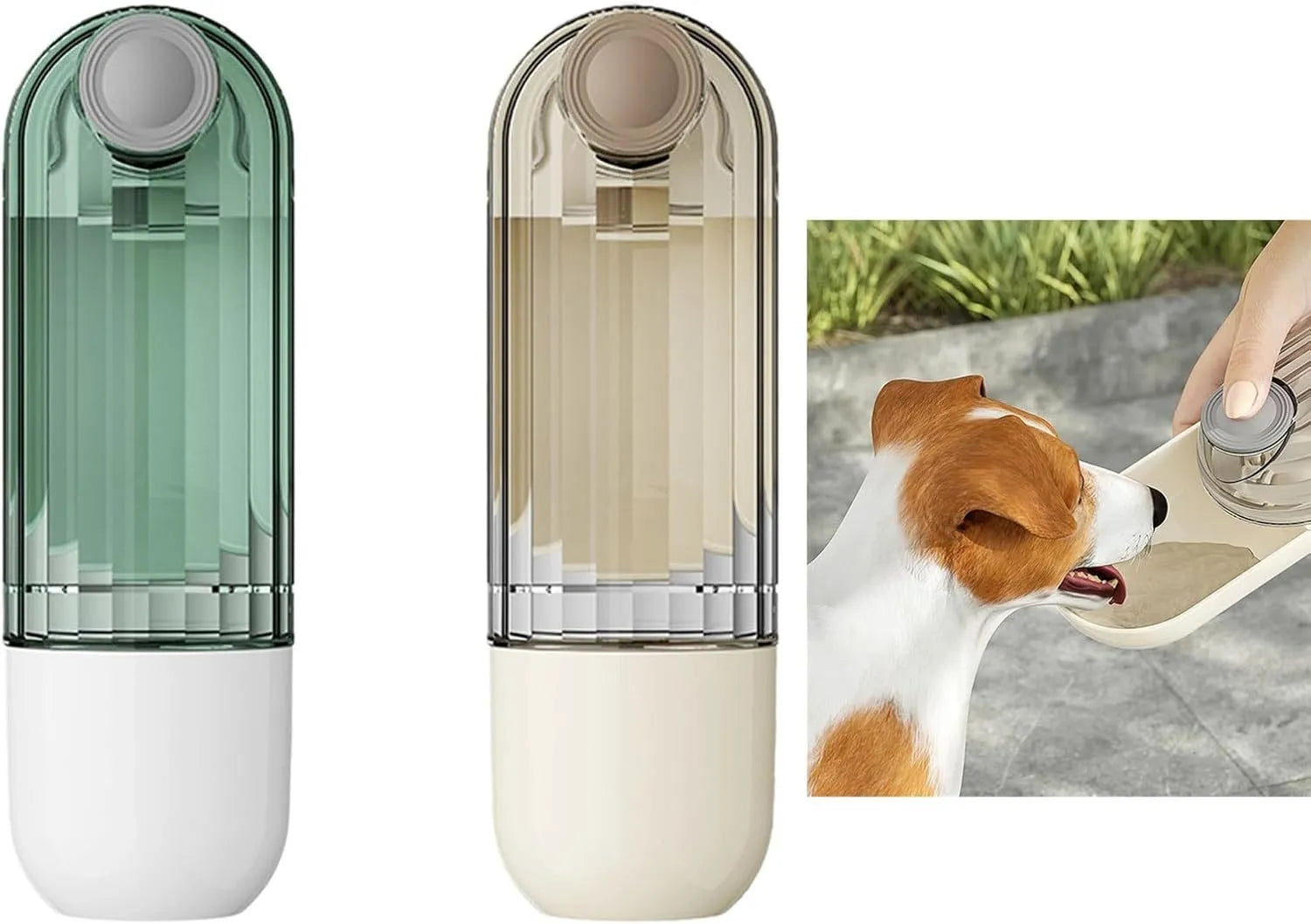 Beige and green foldable dog water bottle with food dispenser for outdoor use.
