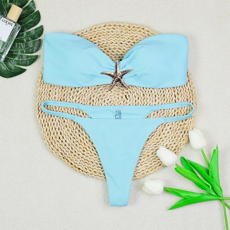 Women's tube top bikini set backless low waist briefs nylon black white blue S M L on display