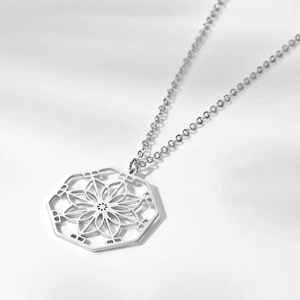 Mandala flower pendant necklace stainless steel gold colour electroplated finish