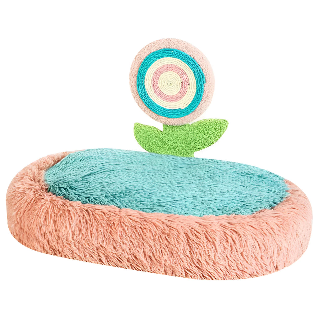 Pink thick plush elliptical cat bed with a deep, lollipop-shaped nest for cats.