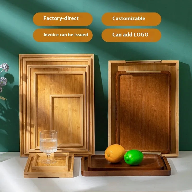 Square bamboo serving tray with solid colour design and brown handle options for barbecue shops