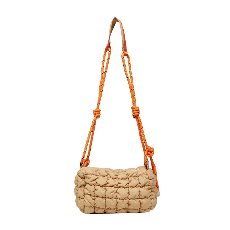 Women's lightweight nylon messenger bag in pillow shape with rhombus pattern and adjustable strap