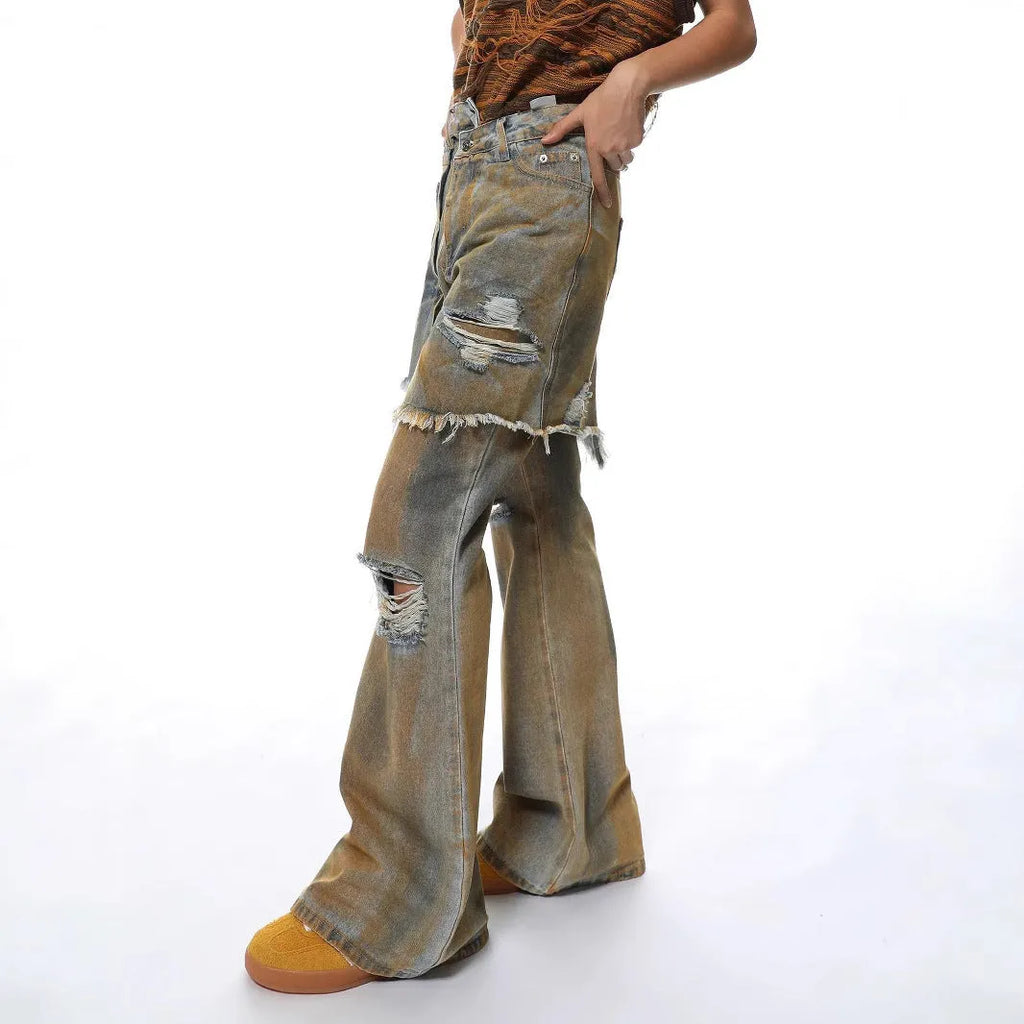 American Street loose hole bootcut trousers in denim, showing high waist, straight leg, and button fly detail.