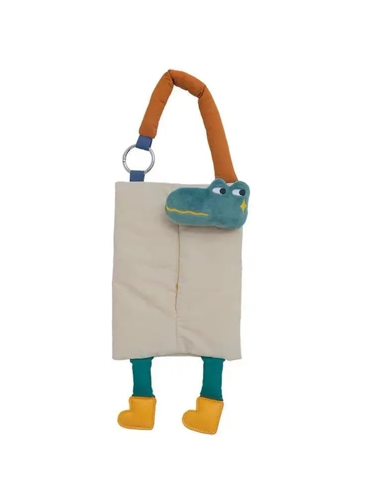 Hanging plush car tissue bag measuring 25cm by 19cm in baby crocodile or hat dog design
