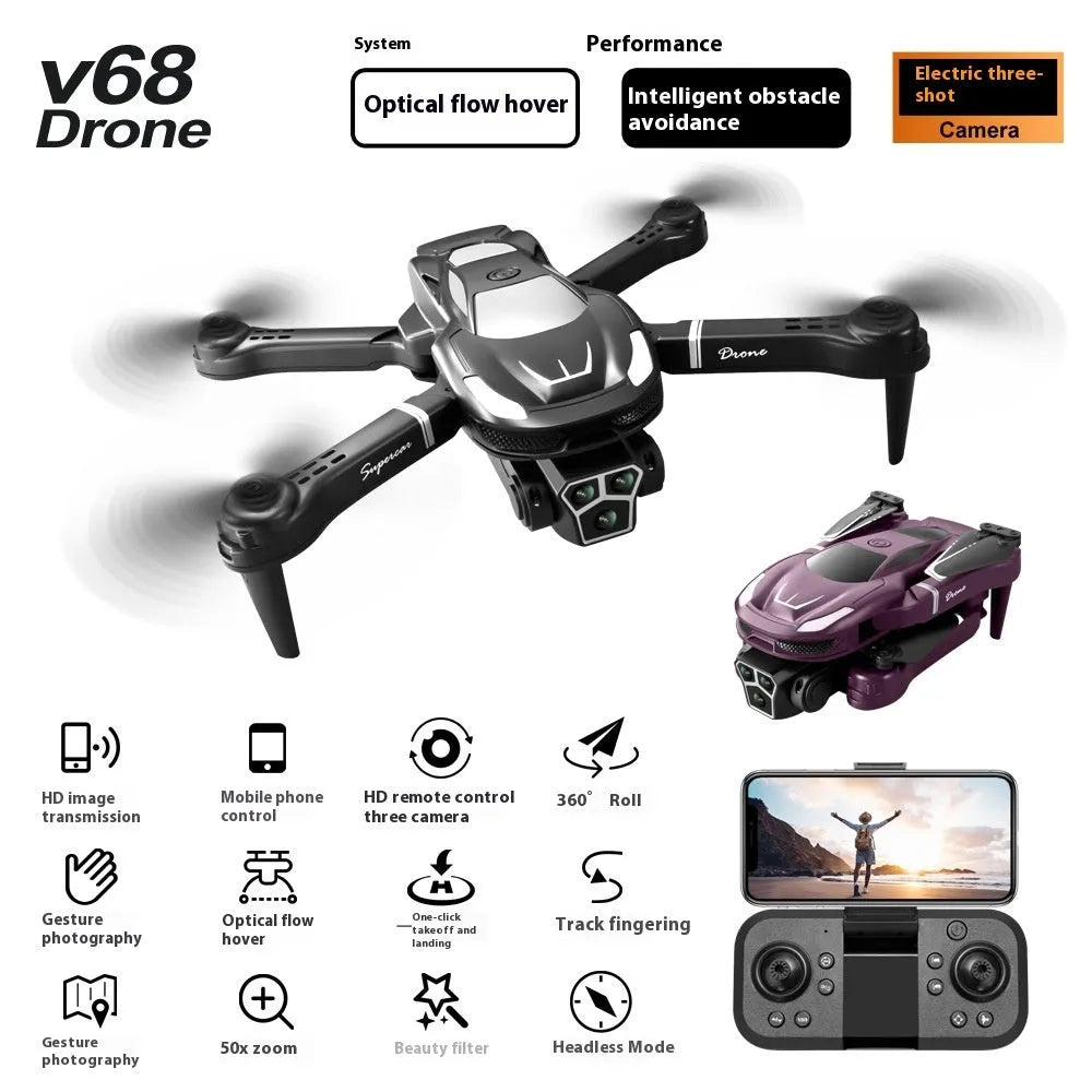 Black aerial photography drone with three cameras and HD remote control on display