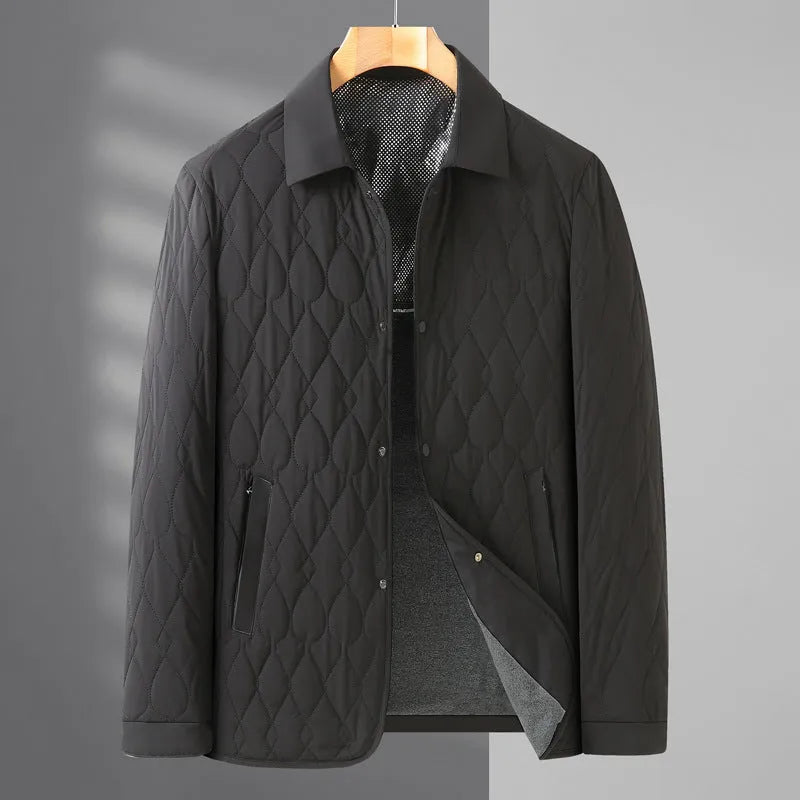 Men's lightweight diamond lattice cotton-padded jacket in black, front view, regular fit, polyester fabric, autumn winter business casual coat