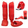 Karate taekwondo protective gear set including leg guard, helmet and boxing gloves in red PU material