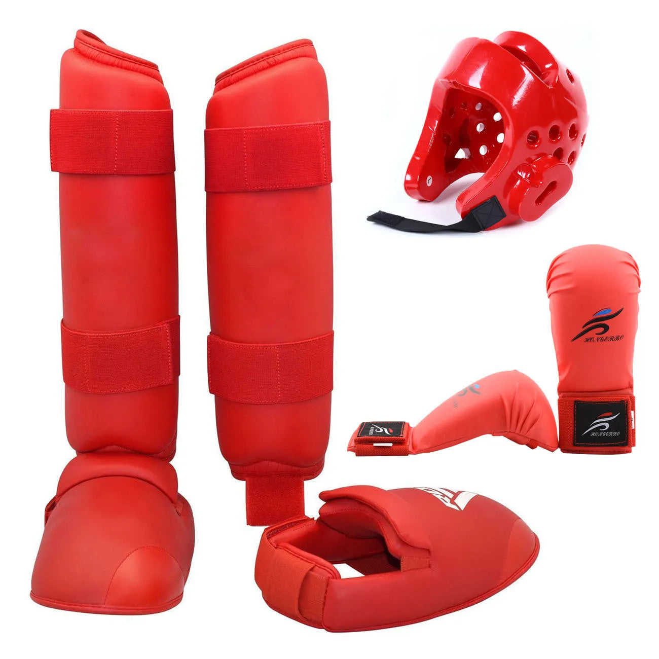Karate taekwondo protective gear set including leg guard, helmet and boxing gloves in red PU material
