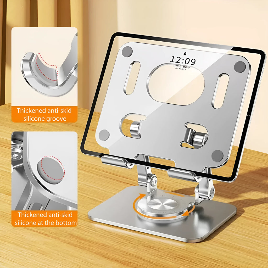 Rotating tablet stand with adjustable height mechanism in technology silver colour showing aluminium plate and silicone grips