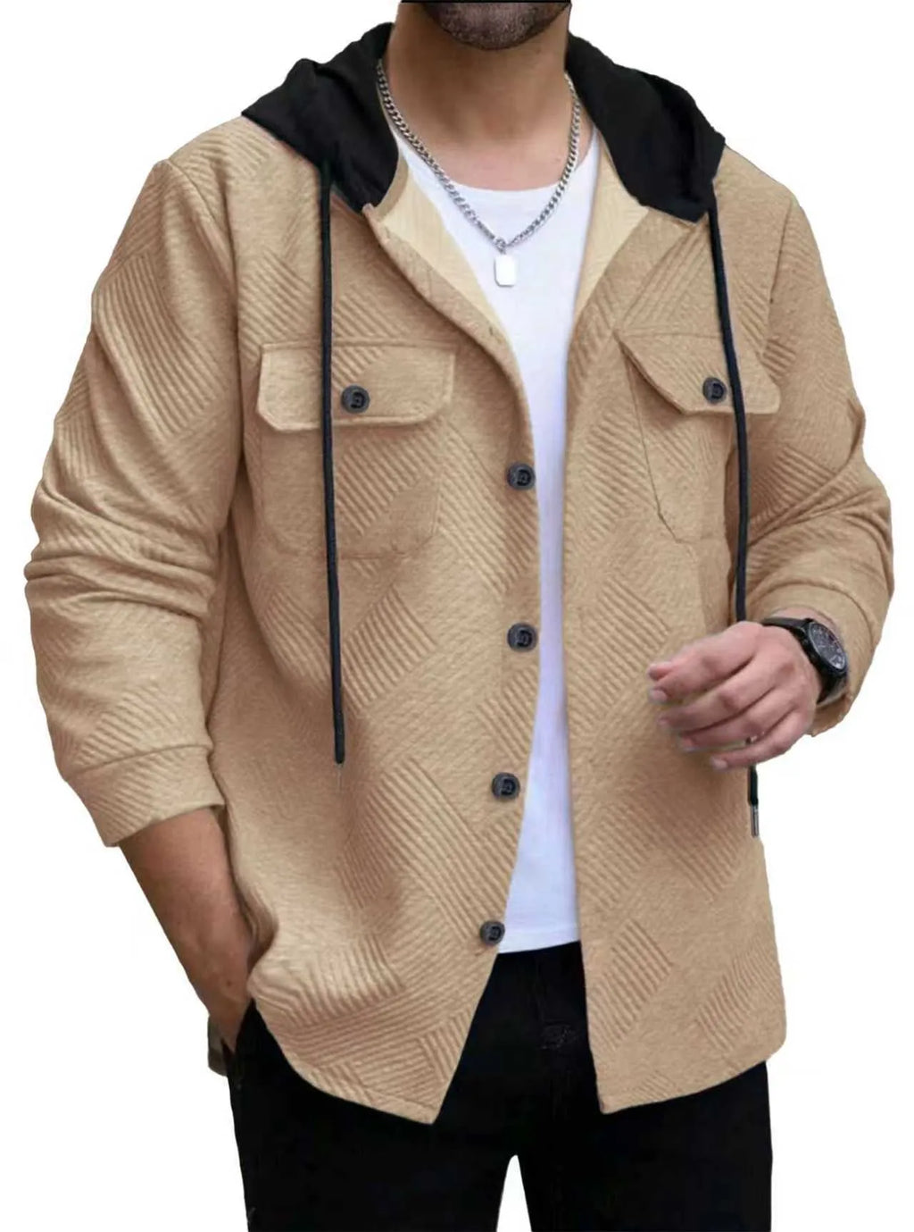 Men's casual sporty colour-block hooded button-up polyester jacket in khaki with pockets, front view