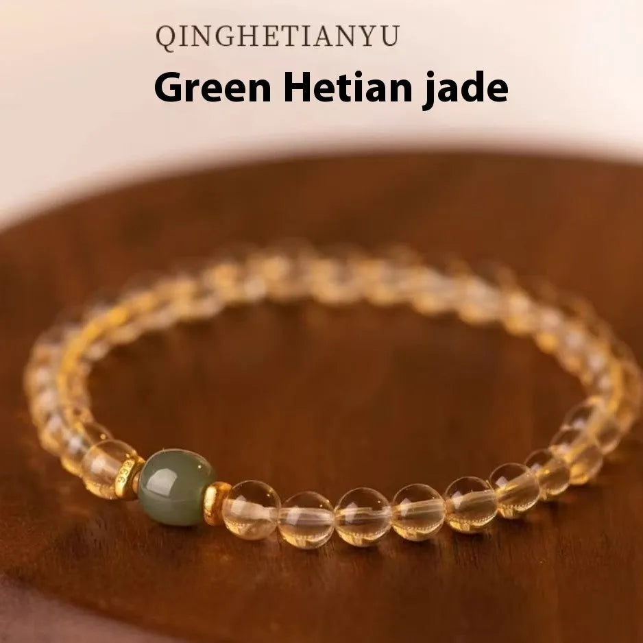 Putuo natural rutilated quartz bracelet with Brazilian crystals and Hetian jade accents