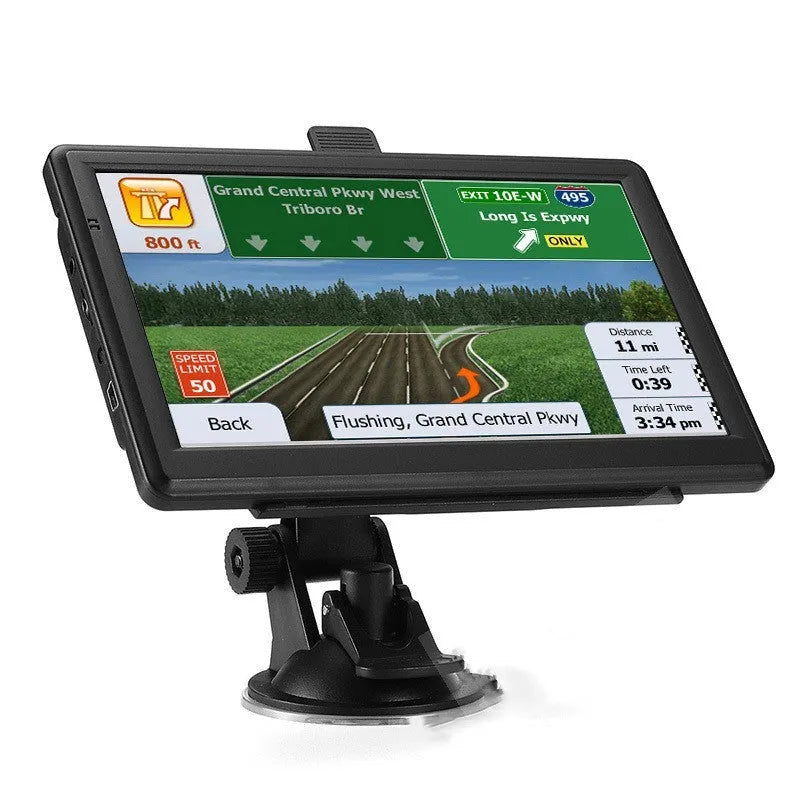 7 inch portable car GPS navigation device on dashboard with bracket and car charger