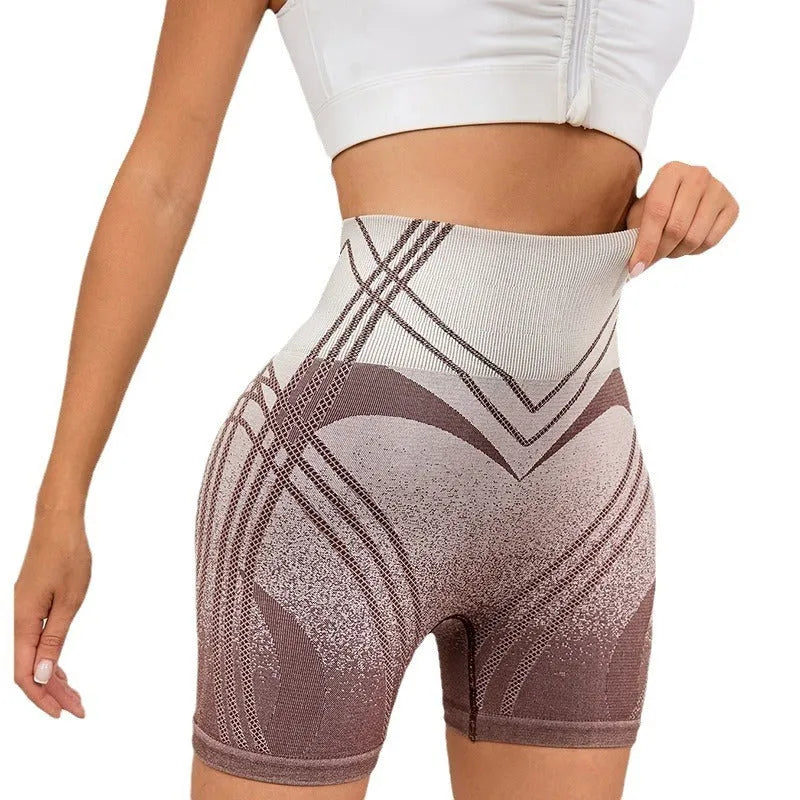 Women's high waisted gradient fitness shorts in brown and black colours for yoga and running