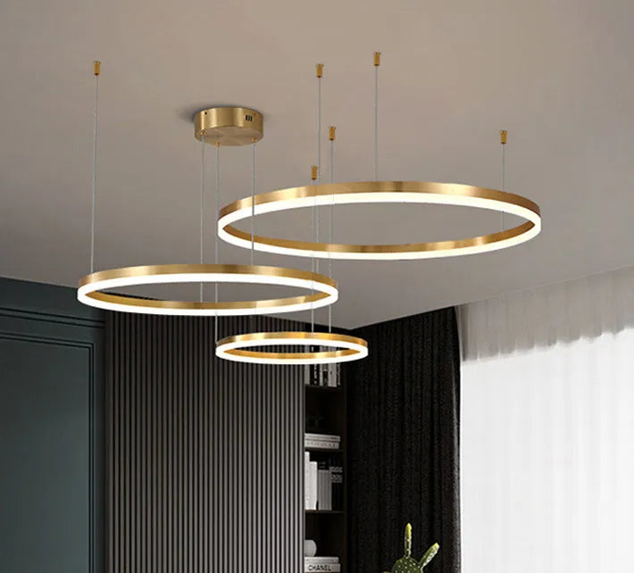 Nordic modern copper circle chandelier with three-circle design and remote control