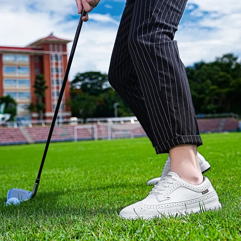 Men's lake blue and white genuine leather golf shoes with non-slip rubber outsoles