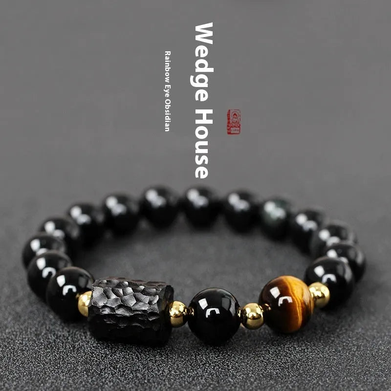Obsidian bracelet with 10mm tiger eye beads in unisex couple design
