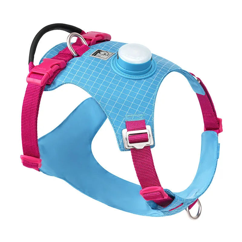 LED dog chest harness with night light in six colour options on adjustable nylon straps
