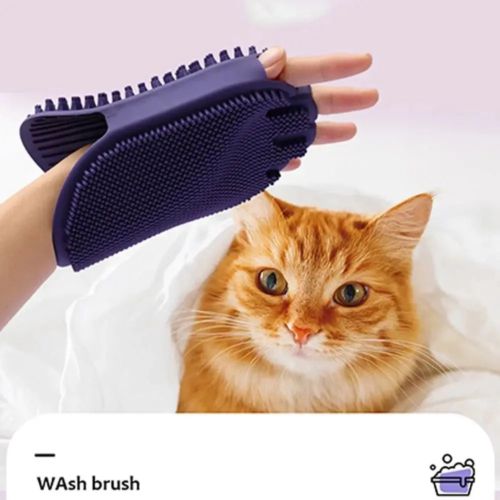 Purple dual-sided pet massage shampoo brush with soft TPR bristles for dog and cat grooming