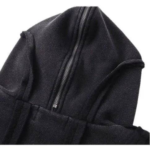 Black men's loose retro cotton coat with hood and zip front.