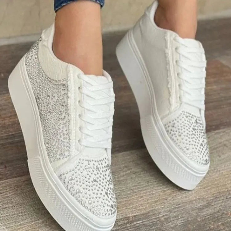Women's plus size casual sports shoes with rhinestones, thick rubber sole and lace-up design in multiple colours