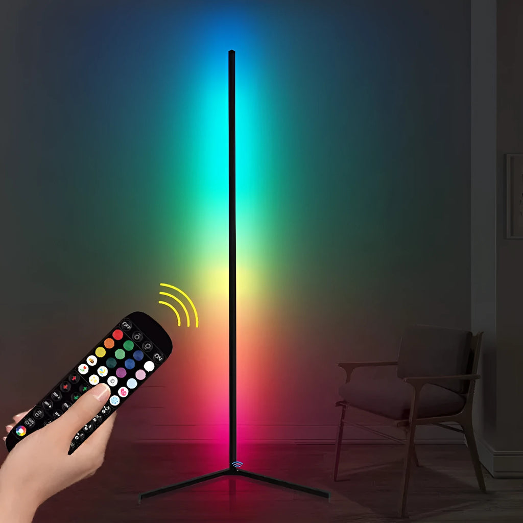 Black aluminium alloy smart RGB floor lamp with silicone shade and remote control
