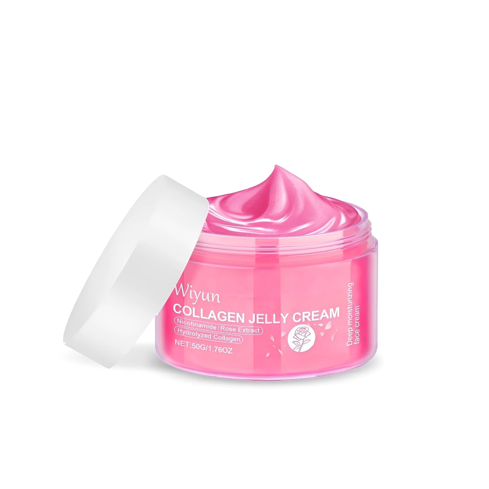 50g tub of collagen and rose extract jelly cream for facial moisturising.