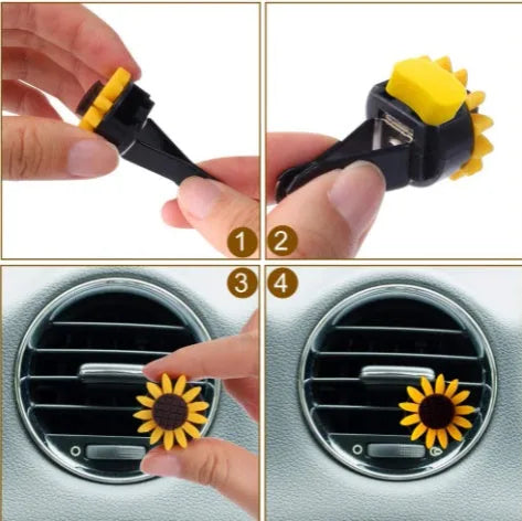 Sunflower steering wheel cover on car steering wheel with matching keychain and vent decoration