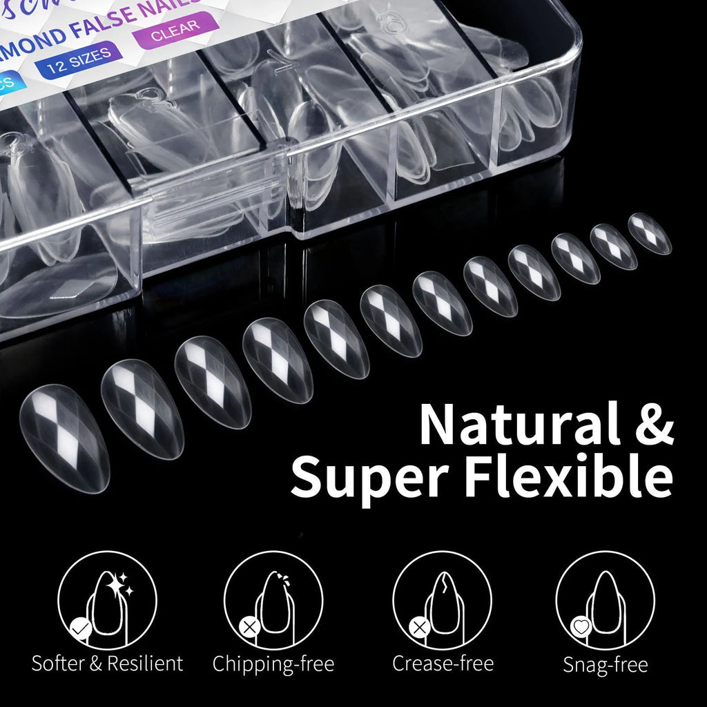 Pack of 3D diamond-patterned long artificial nail tips on a black background.