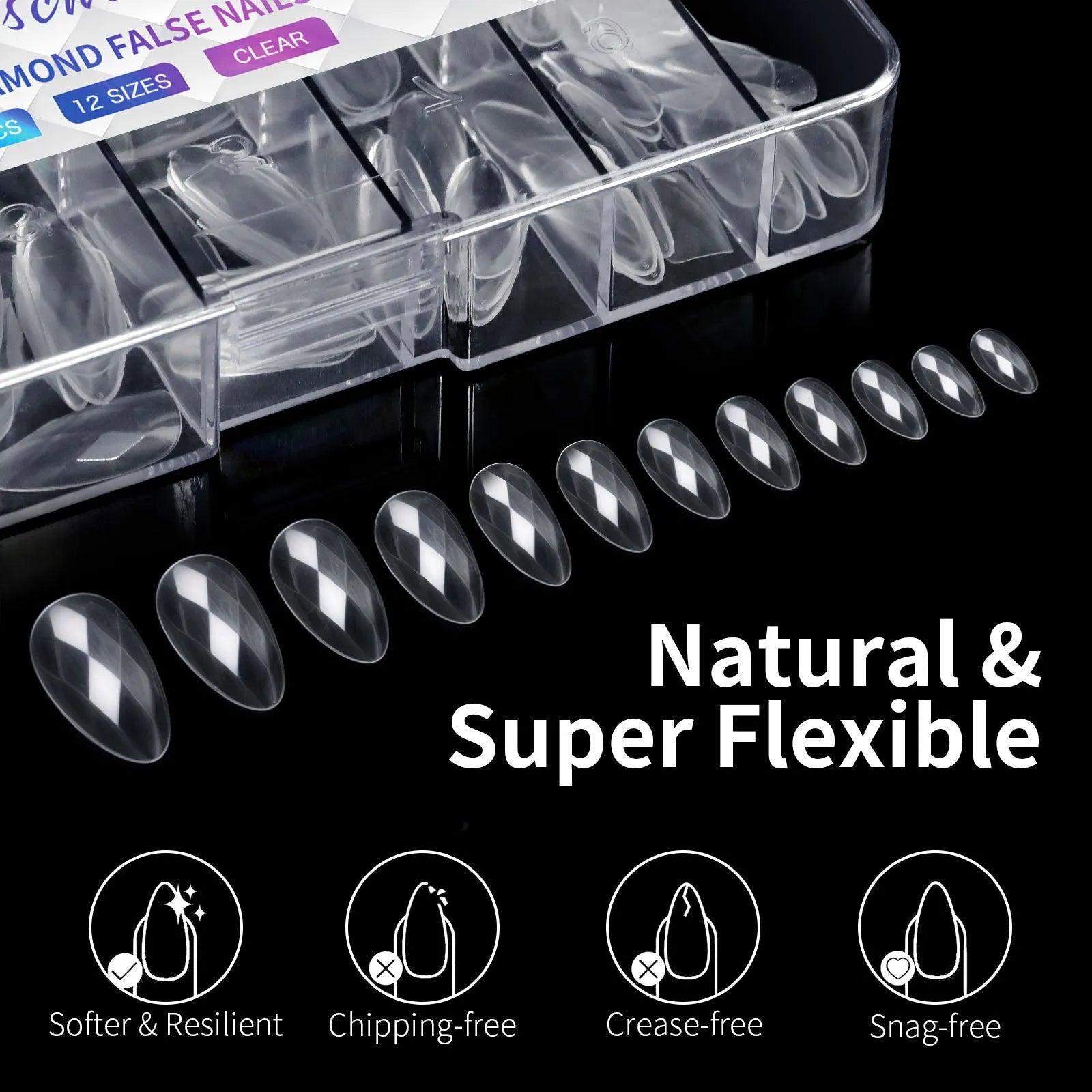 Pack of 3D diamond-patterned long artificial nail tips on a black background.