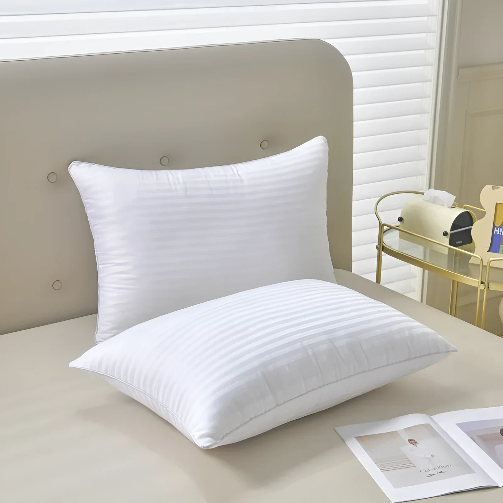 White hotel cotton satin stripe pillow with feather cotton filling showing three size options