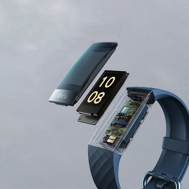 Black smart health bracelet with a 1.1-inch display on a wrist, showing blood pressure and ECG readings.