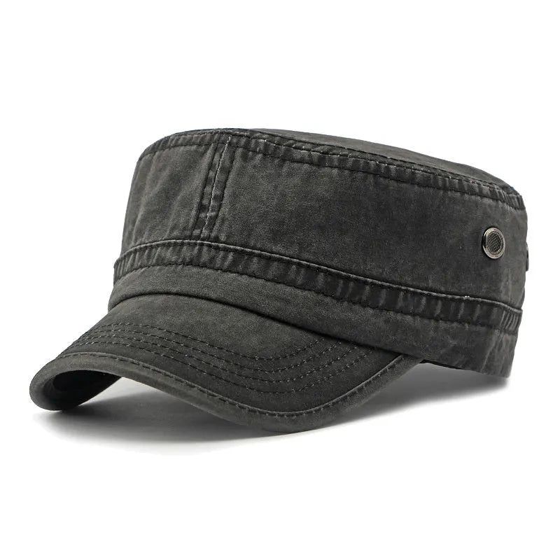Flat top military cap in cotton fabric with adjustable strap and four colour options
