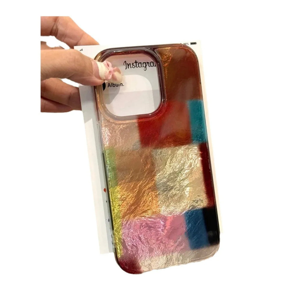 Corrugated multi-colour blocks iPhone case in frosted PC with glacier pattern, square grid stitching or abstract red ripple