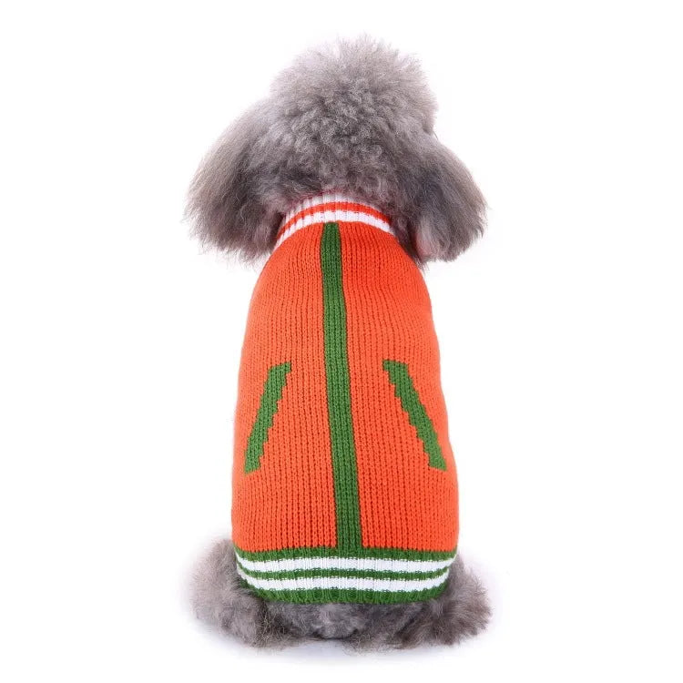 Dog wearing Pet Bone Stripe High Neck Christmas Sweater in grey, standing indoors