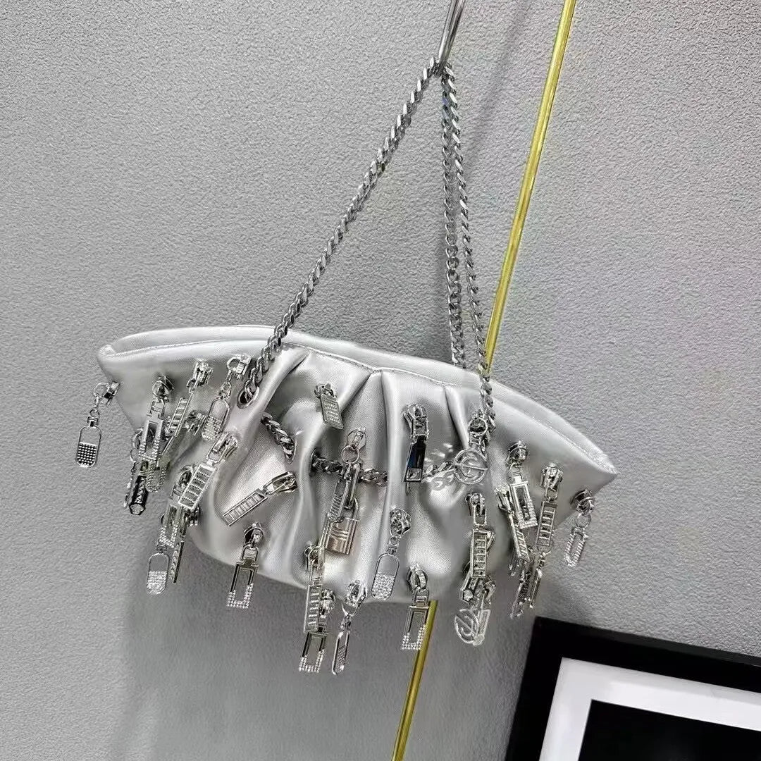 Niche chain cloud shoulder crossbody metal handbag in PU with dumbbell shape, chain and lock details, street trend style