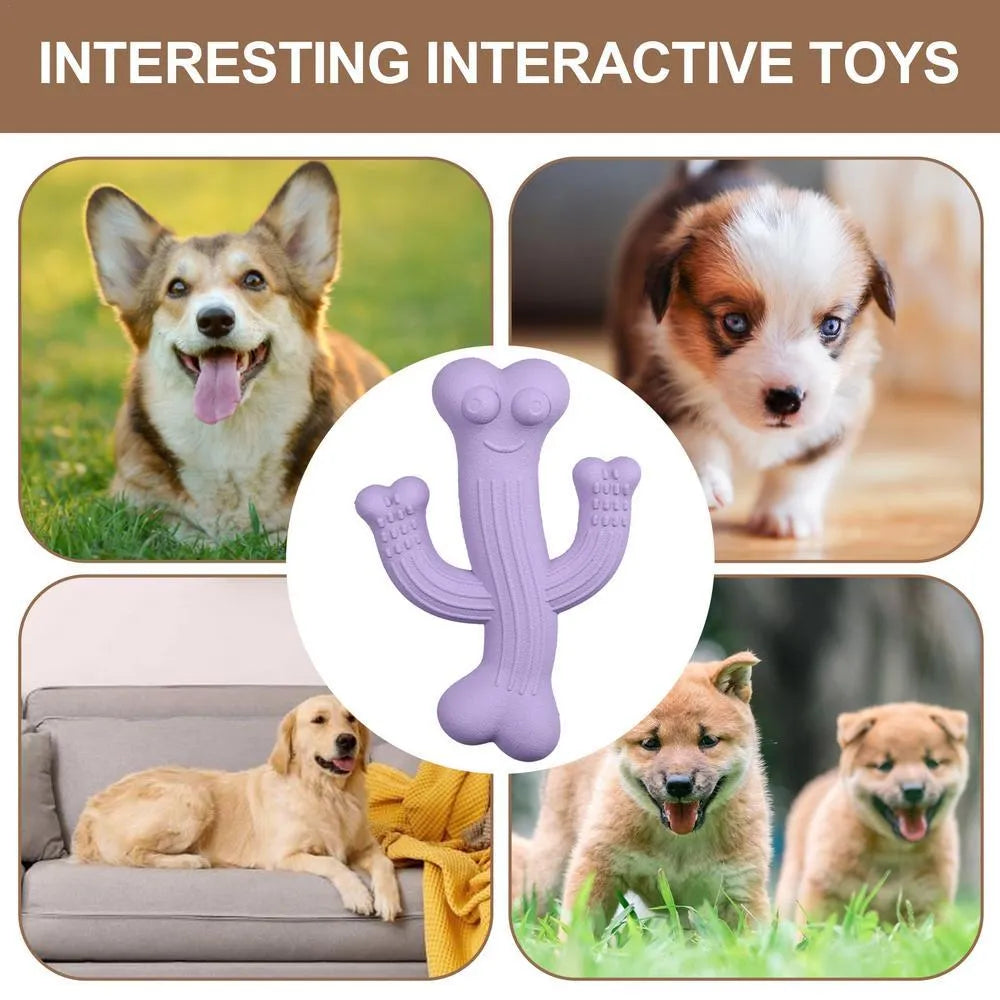 Beige, blue, and purple cactus-shaped dog chew toy made from bamboo fibre and rubber on a white background.