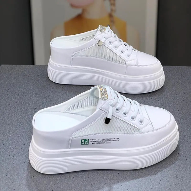 White women's mesh platform shoes with leather lining and rubber sole