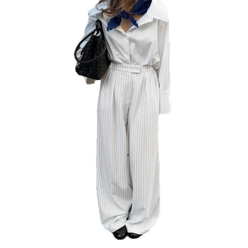 White striped loose casual wide-leg trousers with zipper detail for commuting