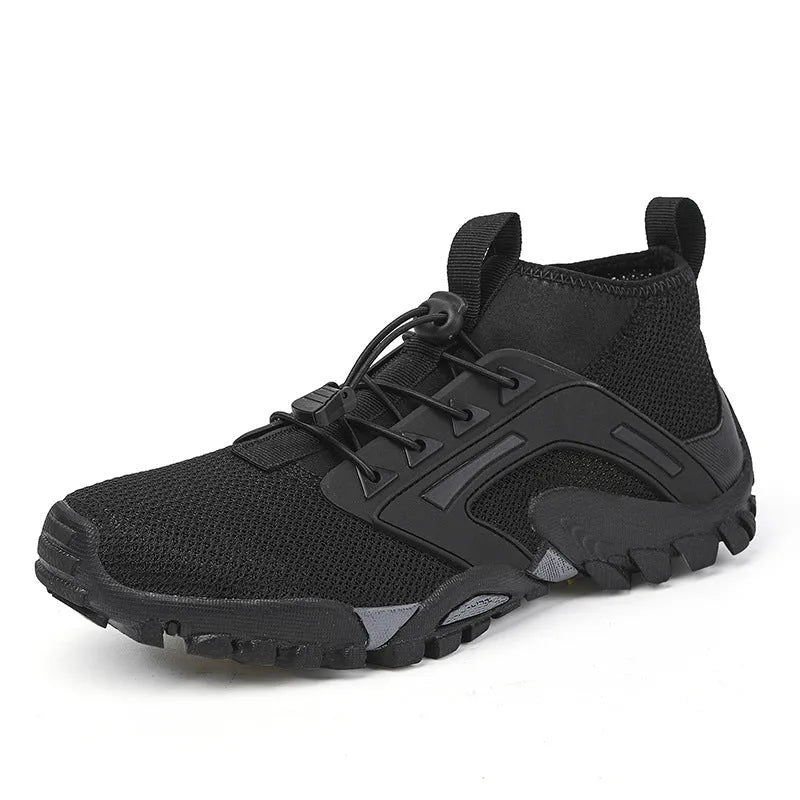 Men's mid-top breathable non-slip hiking shoes with fly weaving upper and rubber outsole in black, grey, or blue