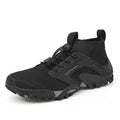 Men's mid-top breathable non-slip hiking shoes with fly weaving upper and rubber outsole in black, grey, or blue
