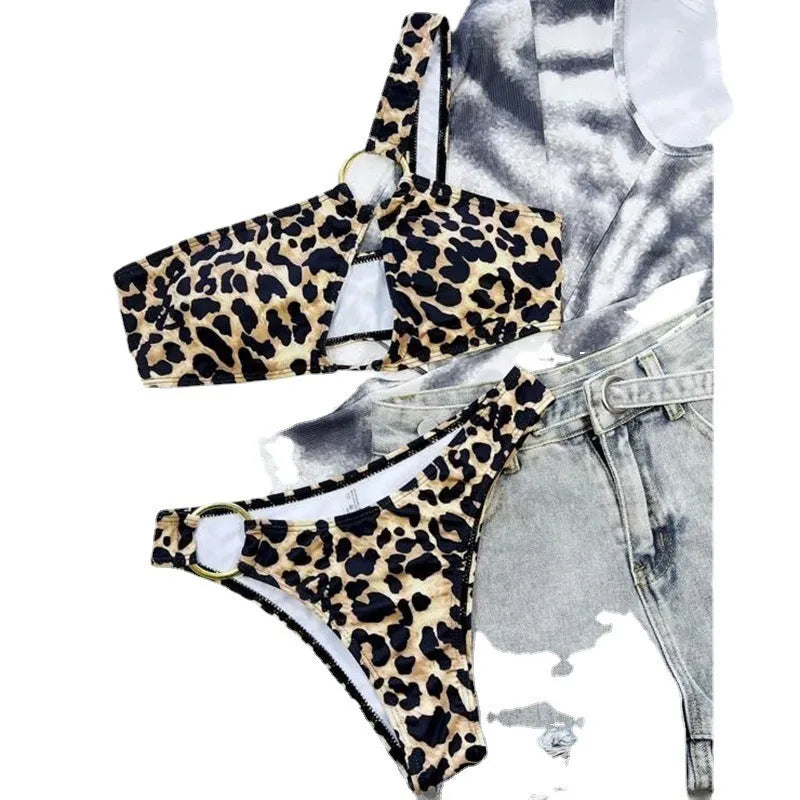 Women's leopard print bikini set with hollow polka dot pattern and nylon construction