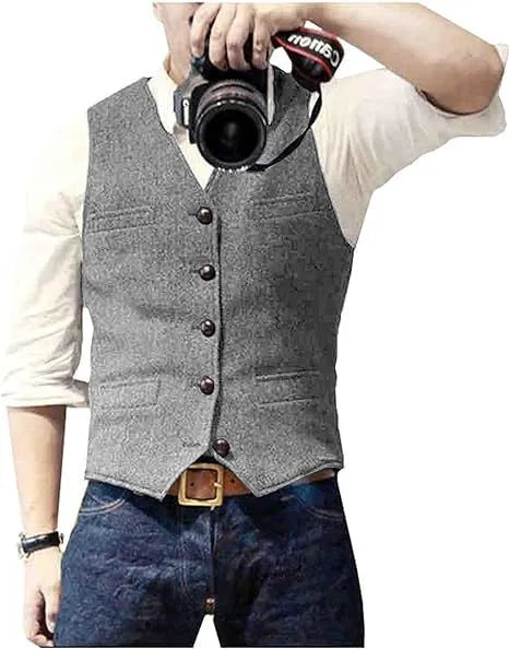 Fashion casual herringbone men's vest in slim fit viscose, available in multiple colours including brown and navy blue