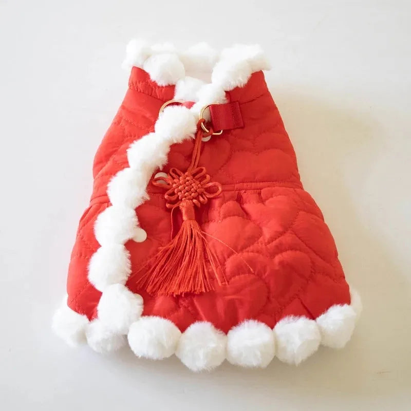 Red Chinese New Year dog clothing with thick cotton collar and traditional knot decoration