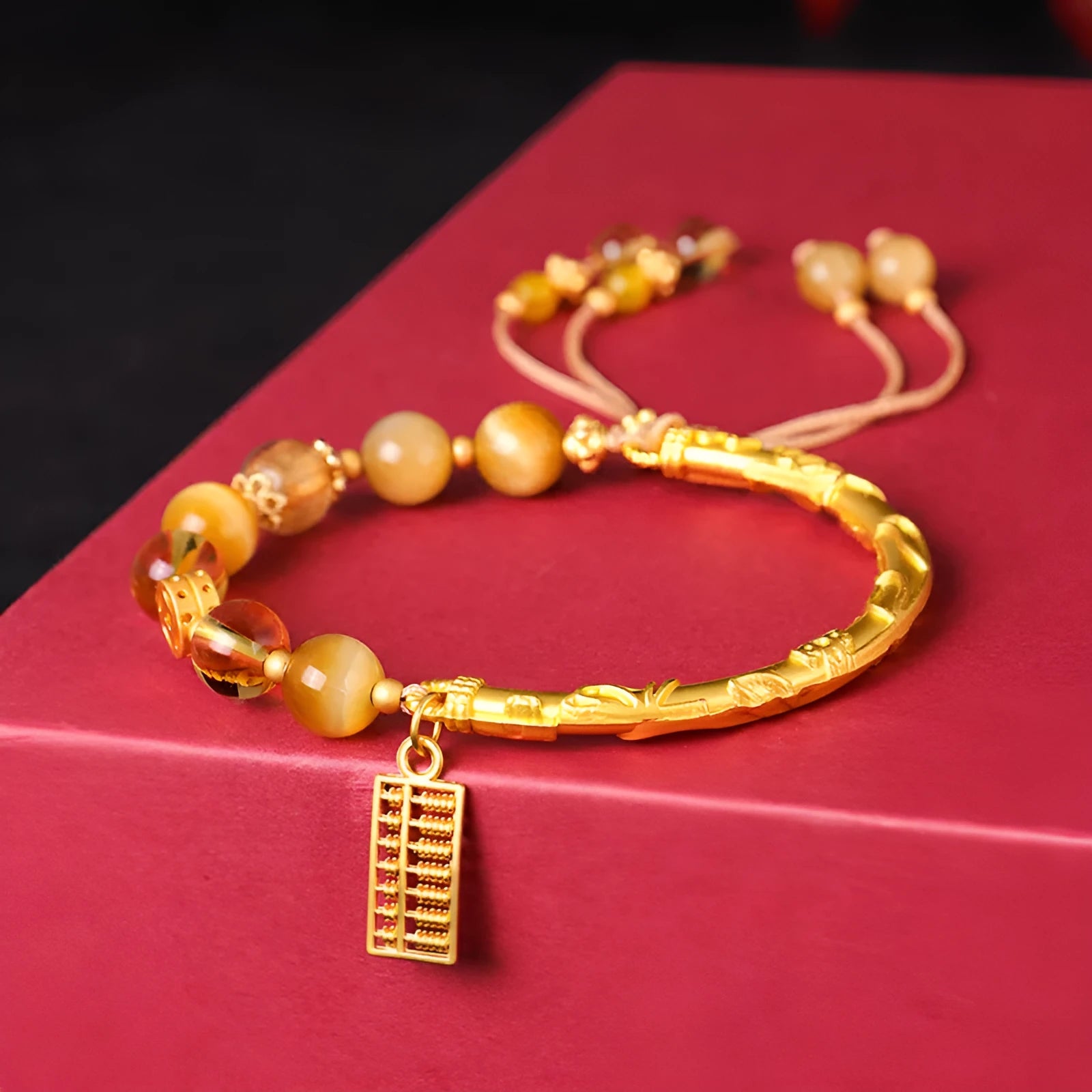 Tiger eye and citrine beaded bracelet with yellow crystal and diamond-shaped copper parts for women