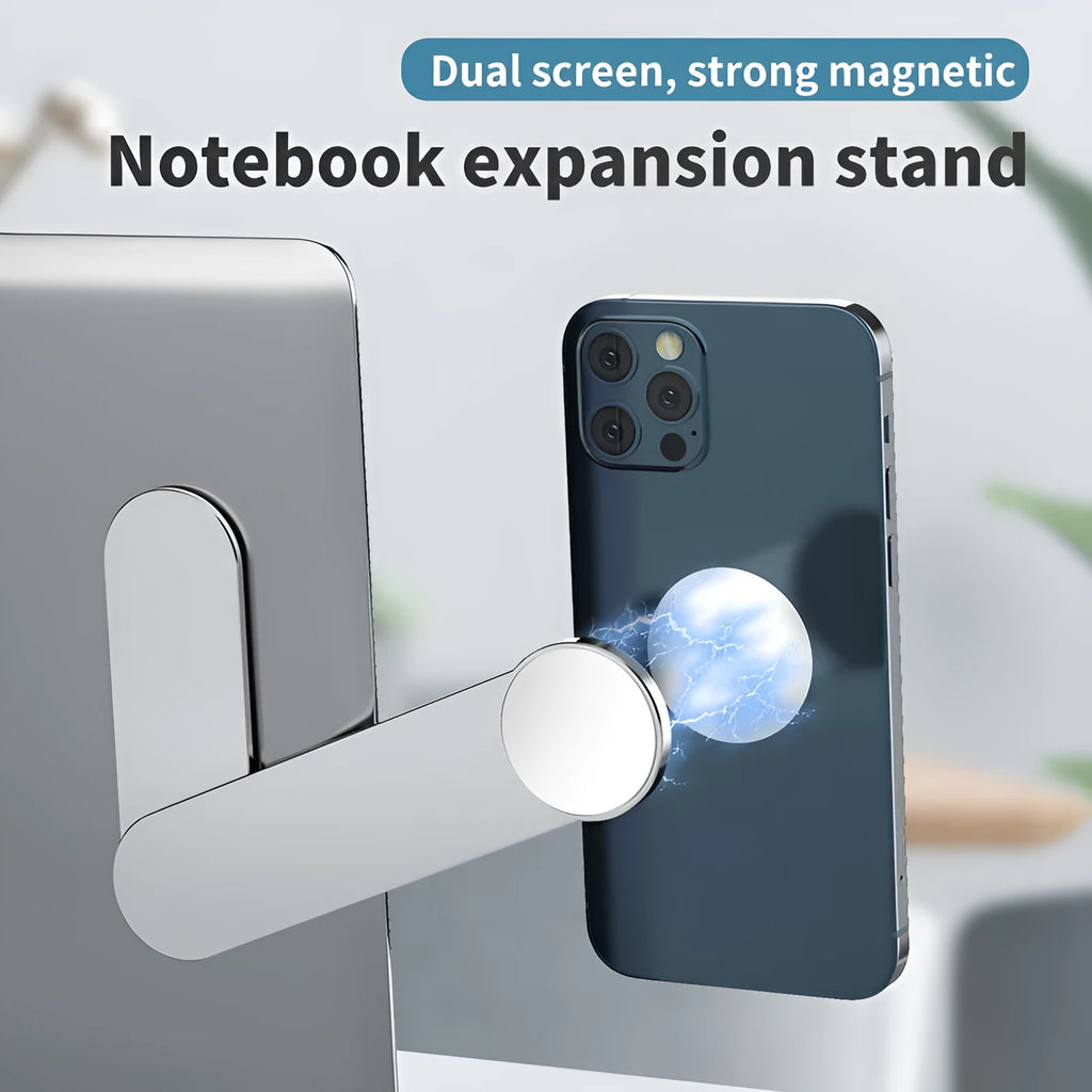 Silver aluminium alloy dual screen extension bracket with magnetic phone holder for computer workstation