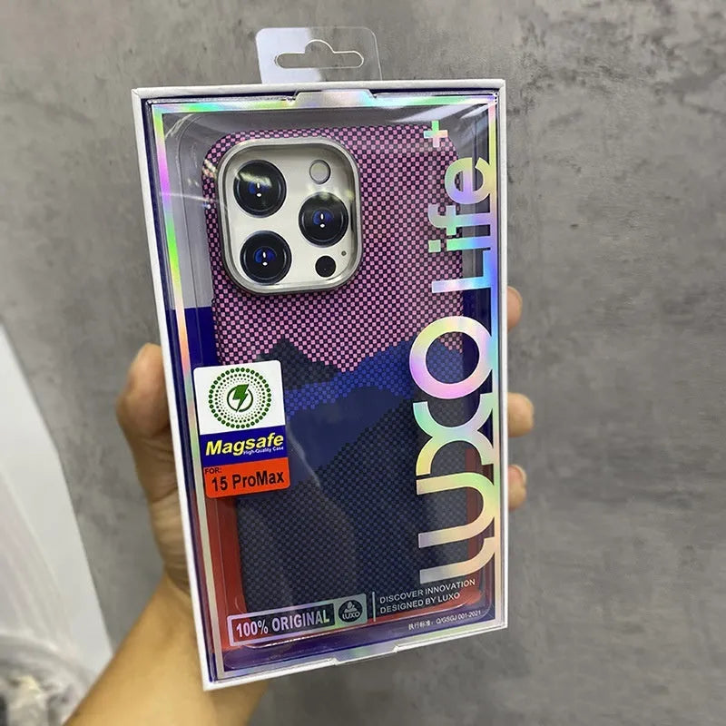 Magnetic luminous plaid iPhone case with PC metal frame, hard shell back cover, and colour matching embossed water sticker finish