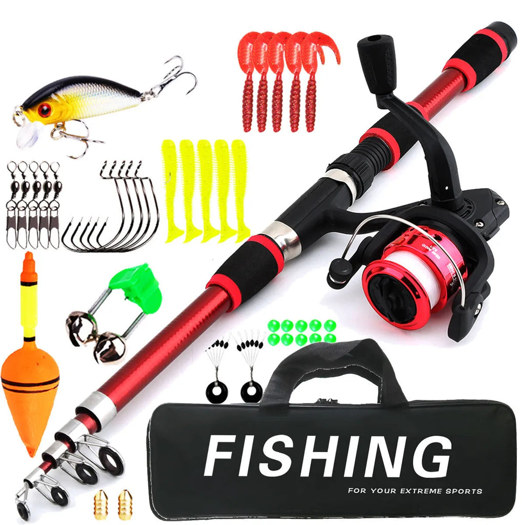 Children's beginner fishing rod kit with a blue pole and matching reel on a green background.